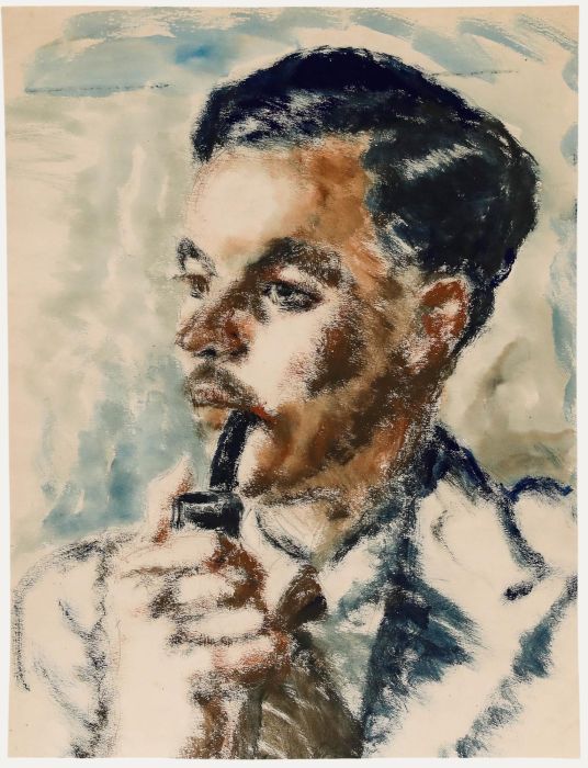 Eve Disher - Mid 20th Century Gouache, Portrait of a Man Smoking a Pipe