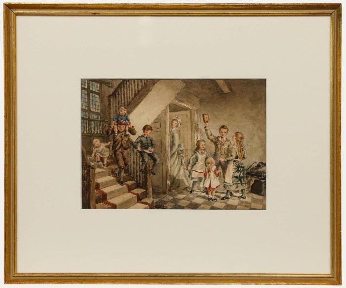 19th Century Watercolour - Children Playing in the Hall