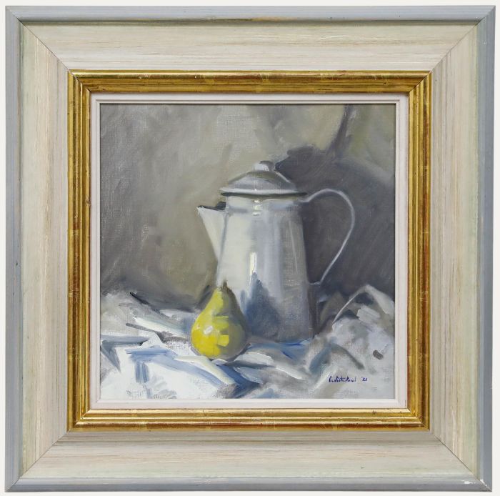 Cat Sutherland - Framed Contemporary Oil, Still Life of an Enamel Jug & Pear