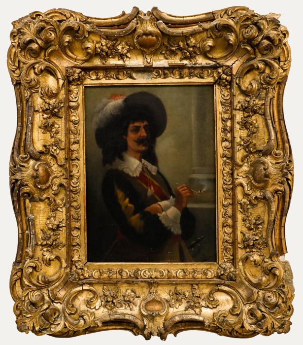 Reno - Framed 19th Century Oil, Portrait of a Cavalier Smoking a Pipe