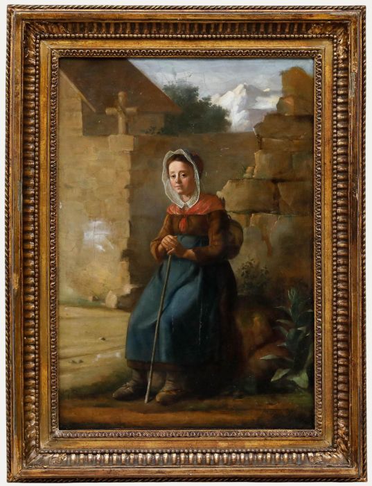 European School 19th Century Oil - Resting by the Cemetery