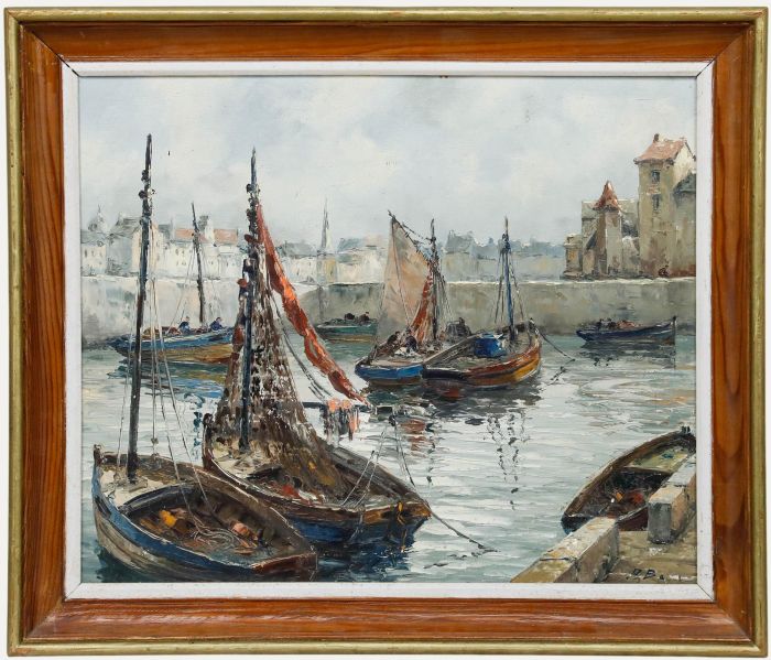 Framed 20th Century Oil - Readying the Boats