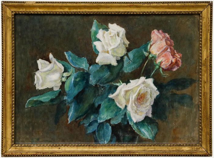 Mary Pitts - Framed Early 20th Century Watercolour, Pink & White Roses