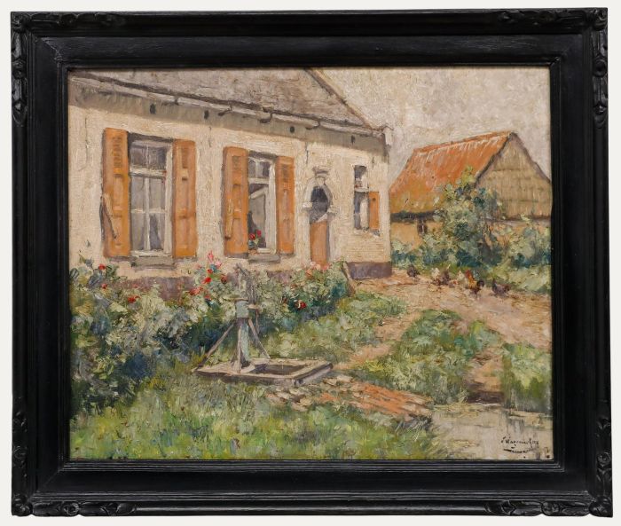 Victor Wagemaekers (1876-1953)- Belgian School Oil, Chickens in the Front Garden