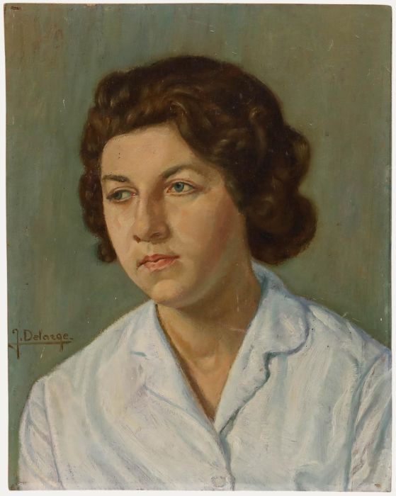 J. Delarge - Mid 20th Century Oil, Women in the Collared Blouse