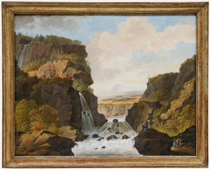 W.G. van Ulsen (1762-1830) - Watercolour, Figures Before a Gushing Waterfall