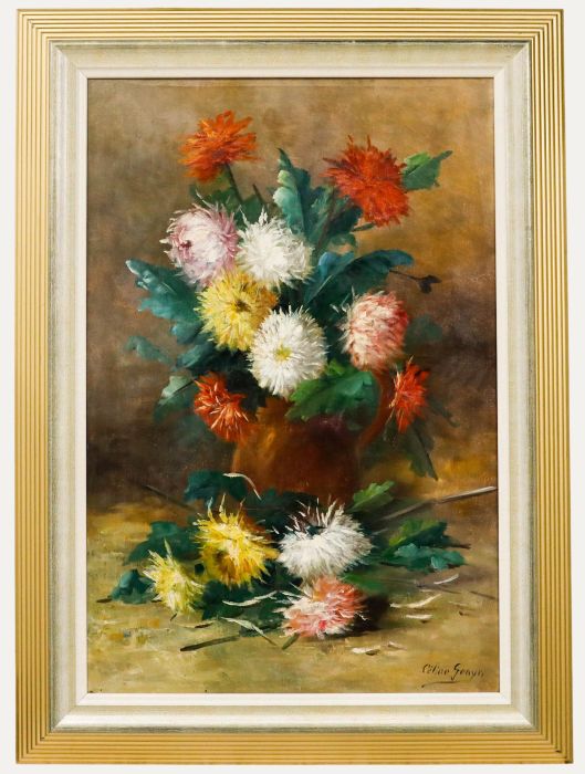 Celine Genyn - Framed Early 20th Century Oil, Bouquet of Dahlias
