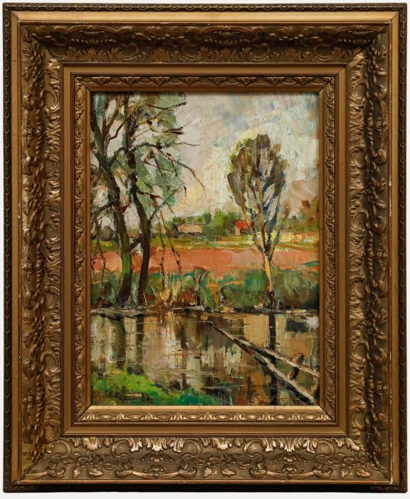 Framed Mid 20th Century Oil - Farm Over the River
