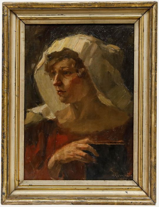 Karoly Krusnyak (1889-1960) - Framed 1925 Oil, Lady in the Dutch White Cap