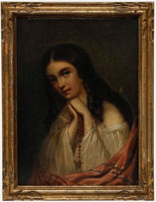 Framed 19th Century Oil - Young Woman with Red Rosary