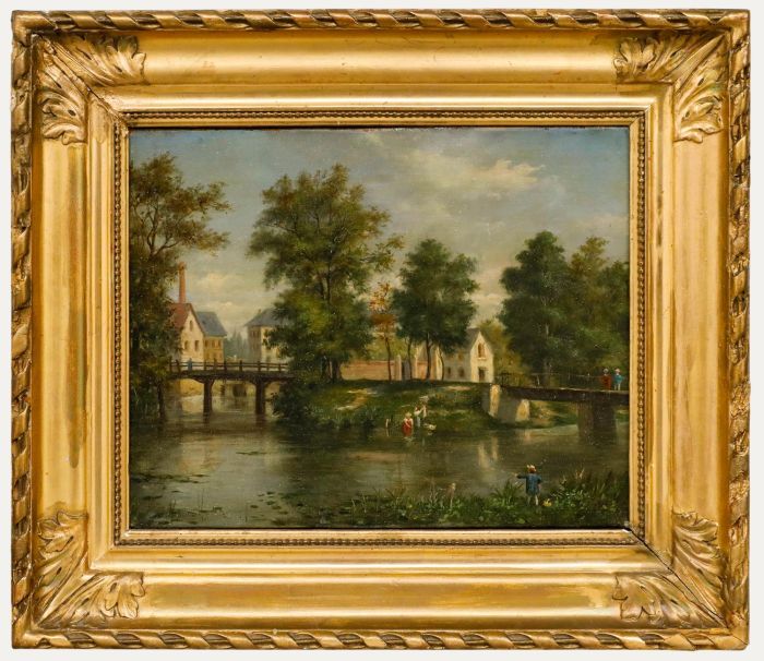 French School 19th Century Oil - On the Riverbanks
