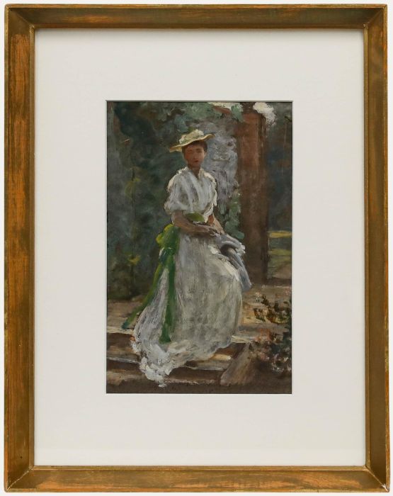 Framed Early 20th Century Oil - Young Lady in a Formal Garden