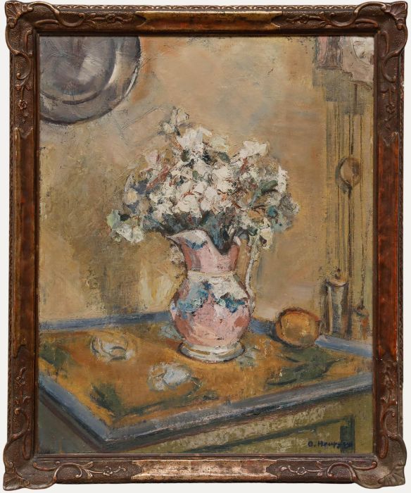 Andrée Heupgen (1902-1993) - Framed Oil, White Flowers in a Faience Pitcher