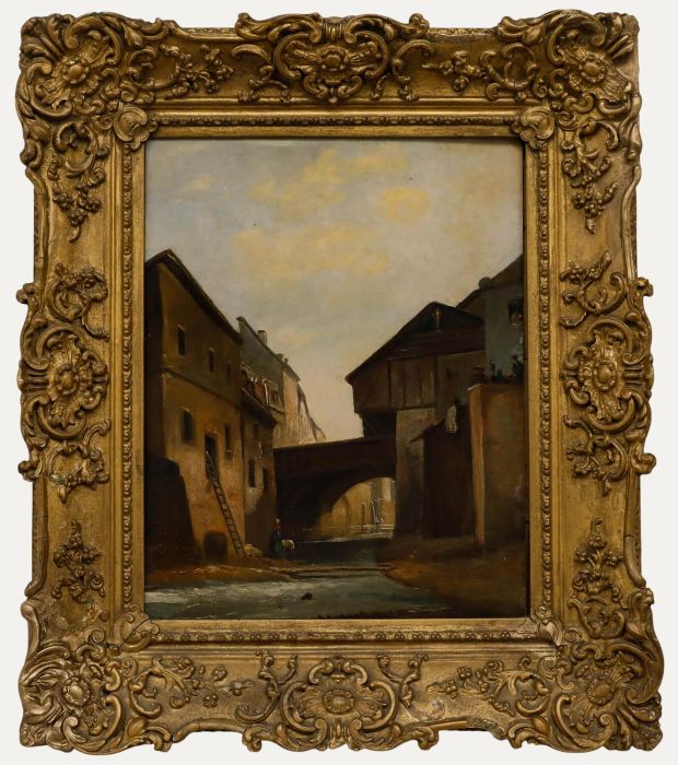 Framed 19th Century Oil - Washing Beneath the Bridge