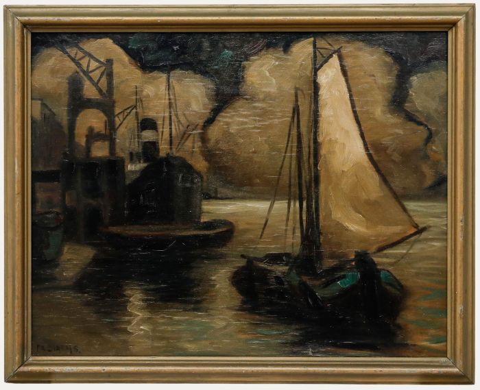 Framed Mid 20th Century Oil - Dockland at Night