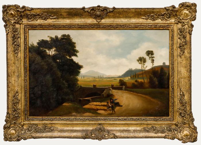 Framed Mid 19th Century Oil - Figures by a River Crossing