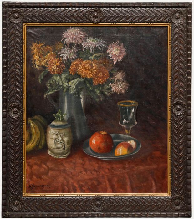 M. Hannemann - Framed Early 20th Century Oil, Chrysanthemum in a Pewter Jug