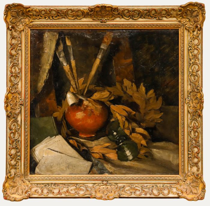 Framed Late 19th Century Oil - Still Life with Brushes