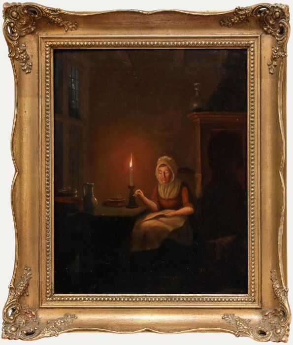 Manner of Petrus van Schendel (1806-1870) - Oil, Sewing by Candlelight