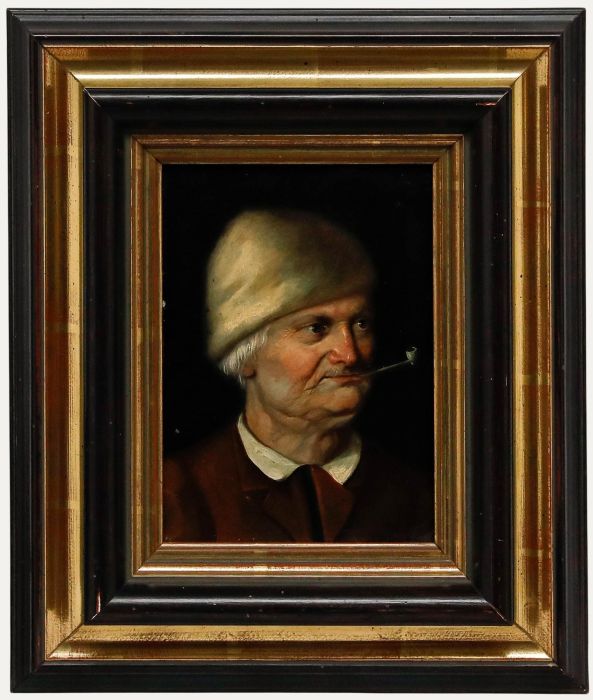 German School 19th Century Oil - Portrait of a Man Smoking a Pipe