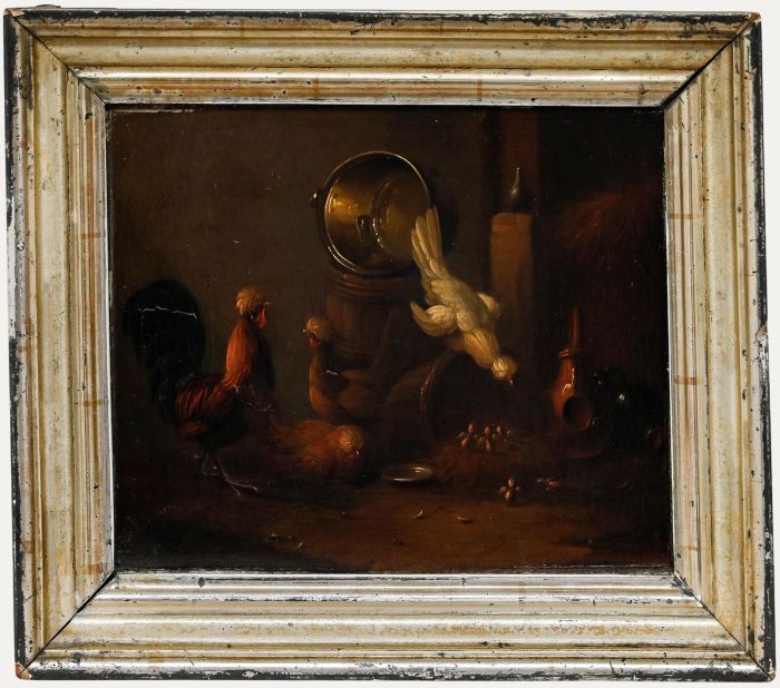 Dutch School Fine Mid 19th Century Oil - In the Chicken Coop