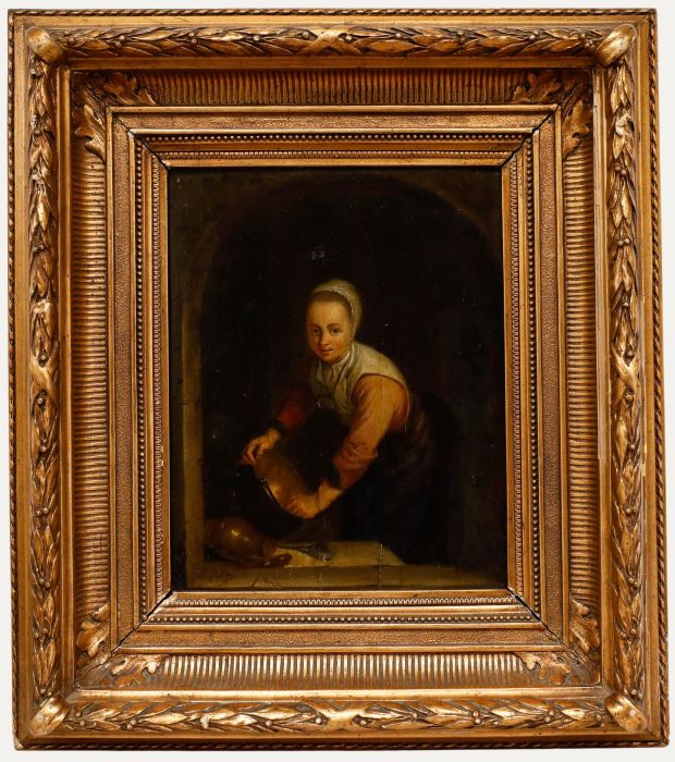 Gerrit Dou - 18th Century Oil, A Maidservant Scouring a Brass Pan