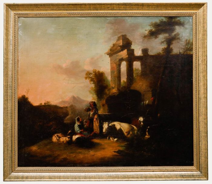 Italian School 18th Century Oil - Rest before the Ruins