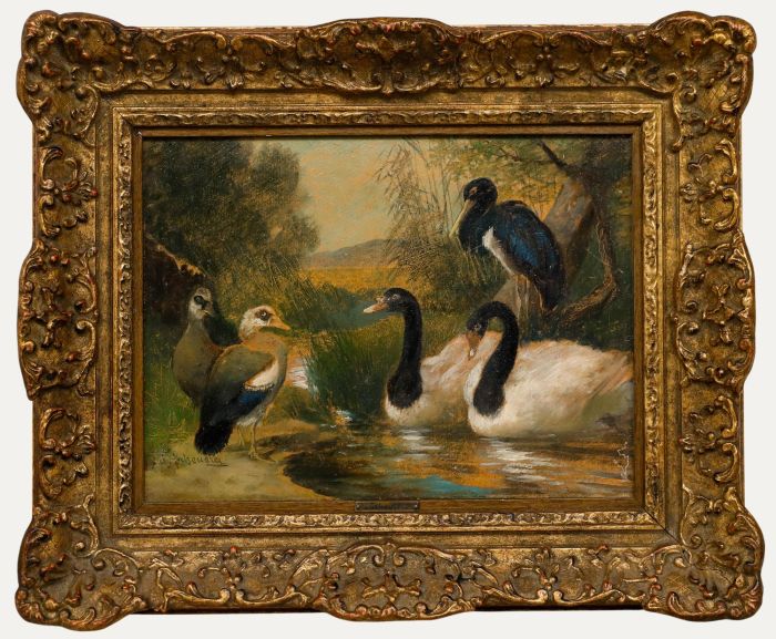 Julius Scheuerer (1859-1913) - Framed Oil, Waterfowl by a Stream