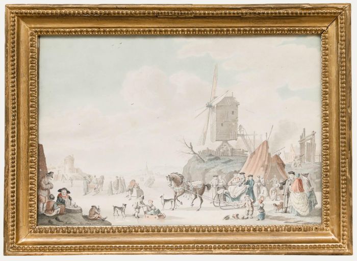 Nicolaes Aartman (1713-1760) - Framed 1759 Watercolour, Skating on the Lake