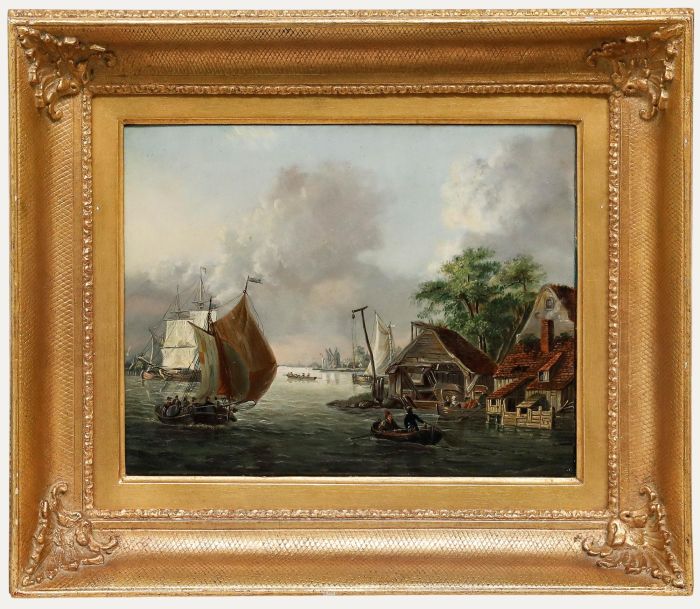 E. Coleridge after M. Bouquet - 19th Century Oil, Boats by a Coastal Village