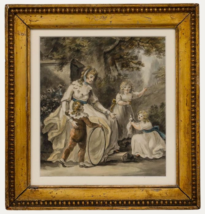 Framed 18th Century Watercolour - Children at Play