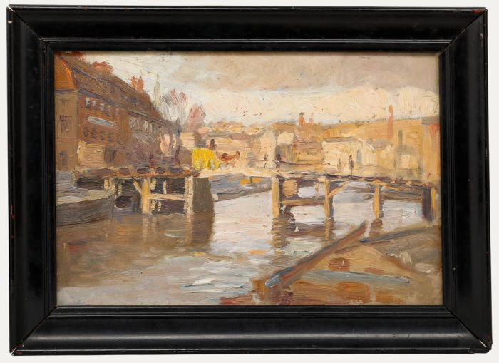 Framed Early 20th Century Oil - Yellow Cart on the Crossing
