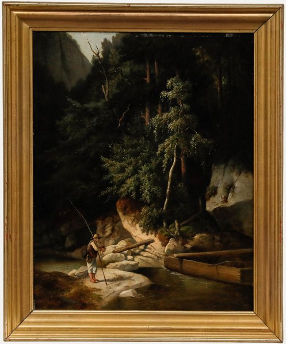 German School 19th Century Oil - Angler in the Forest