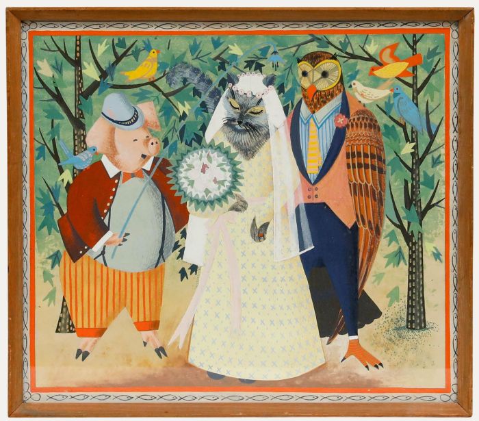 Framed Mid 20th Century Gouache - The Owl and the Pussy-Cat