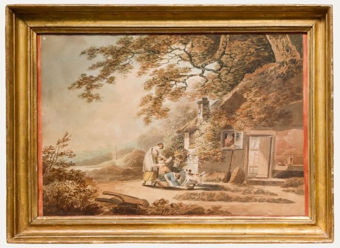 Framed Early 19th Century Watercolour - Playing Outside the Cottage