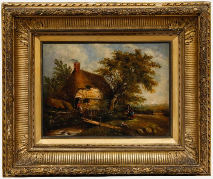 English School Framed 19th Century Oil - Visiting Neighbours