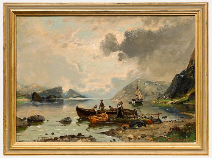 Von Schlieden after G.A. Rasmussen - 19th Century Oil, Fishing on the Fjord