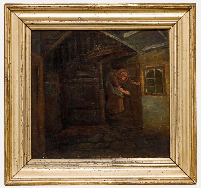 Framed 19th Century Oil - Figure on a Dark Staircase