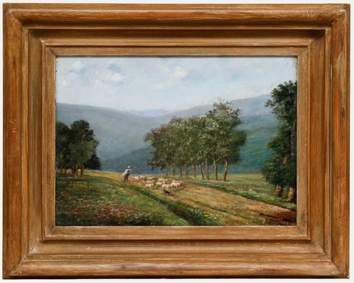 Follower of Pierre Emmanuel Damoye (1847-1916) - Framed Oil, Herding the Flock
