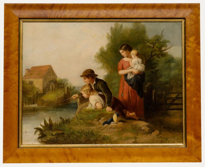Framed 19th Century Oil - Fishing by the Mill