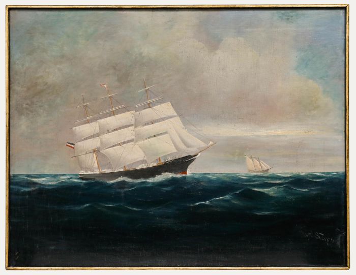 Carl Evers - Folk Art Early 20th Century Oil, Tall Ship at Sea