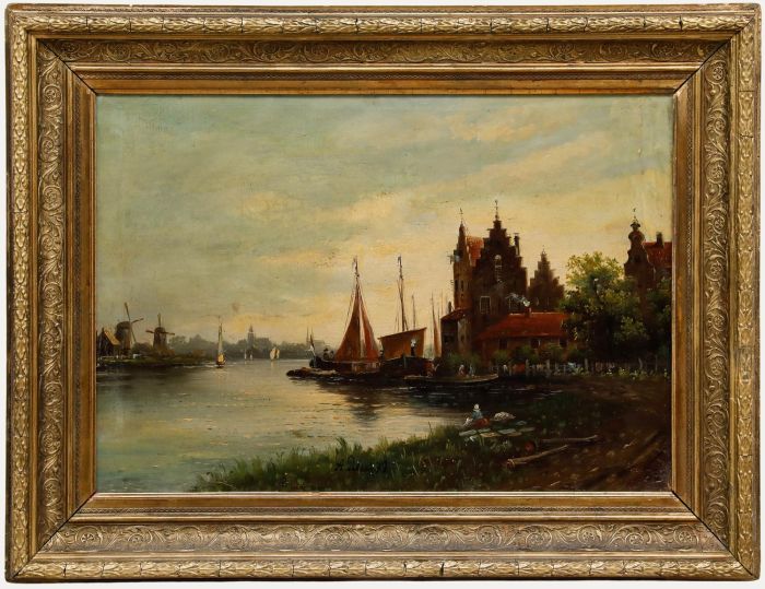August Peters (1837-1901) - Dutch School 1879 Oil, By the Waterside