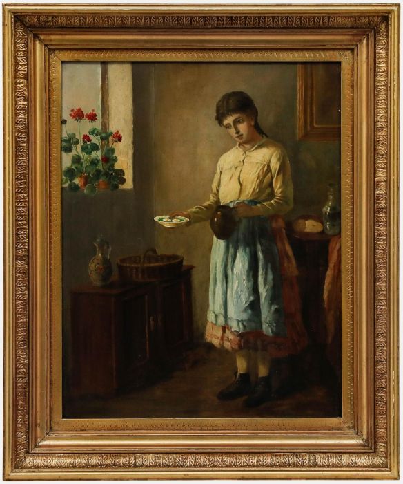 Framed 19th Century Oil - Setting the Breakfast Table