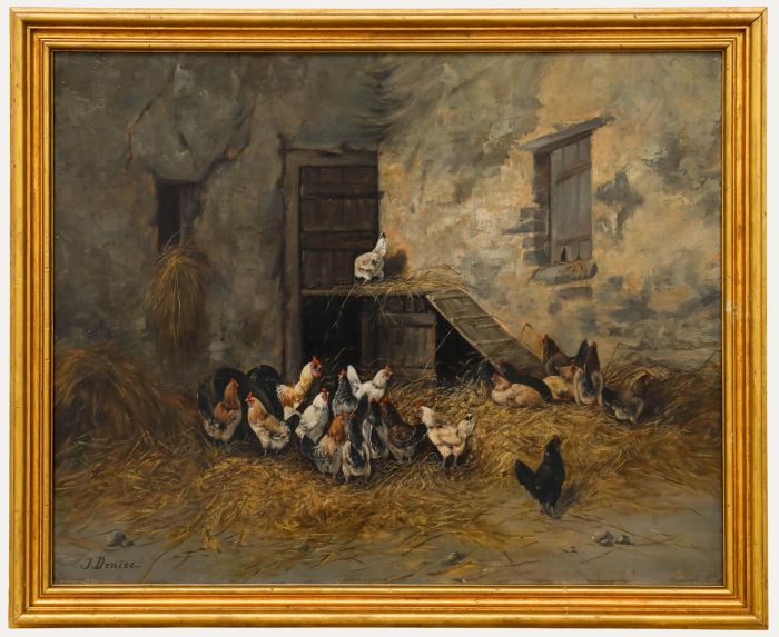 J. Denise - Framed Early 20th Century Oil, The Poultry Barn