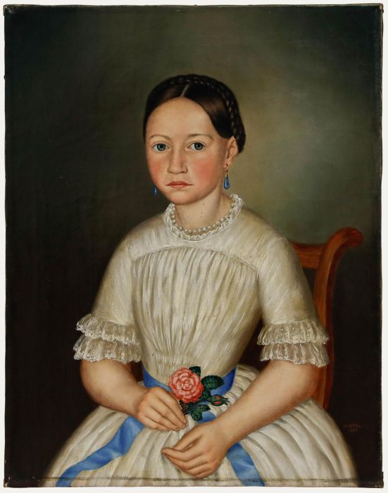 M. Koller - American Folk Art Mid 19th Century Oil, Portrait of a Girl