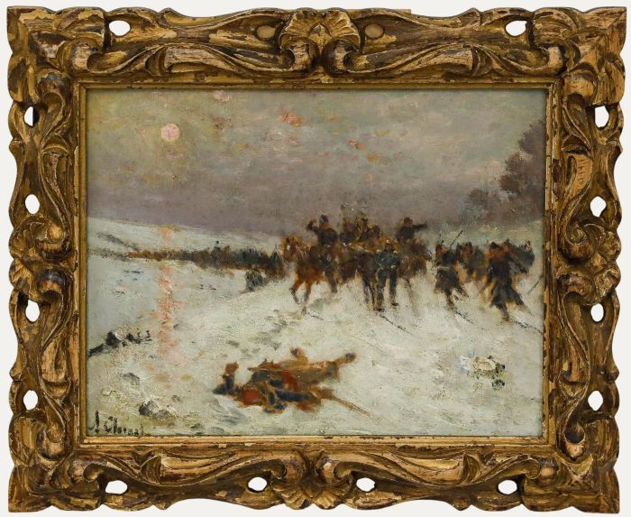 Alphonse Charles Chigot - Early 20th Century Oil, Snowy Battlefield