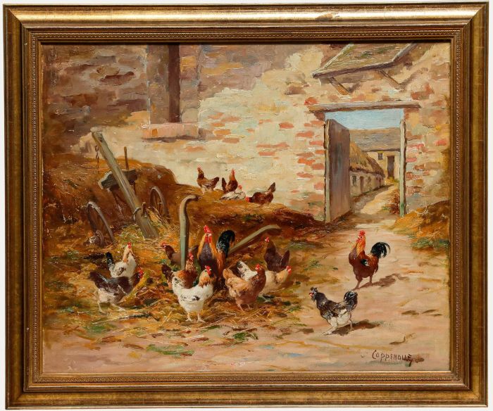 Edmond Van Coppenolle - Framed Early 20th Century Oil, Chickens on the Loose