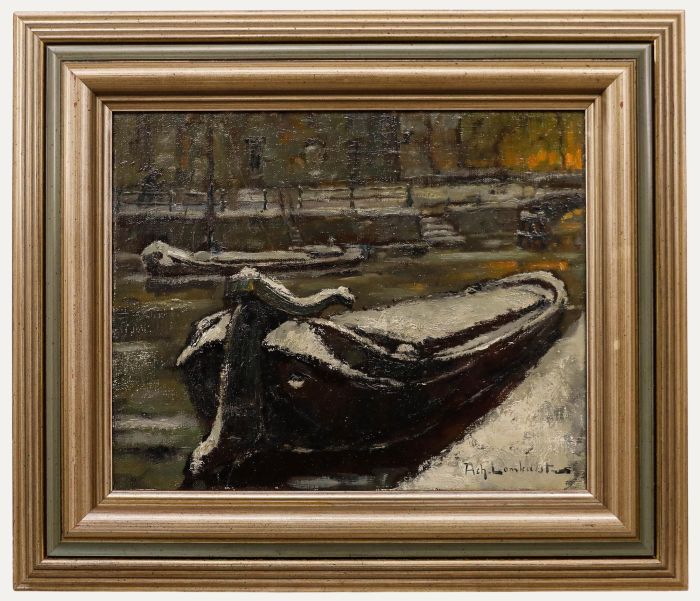 Achiel Lombaert (1911-1990) - Framed Oil, Boats at the Quay in Ghent