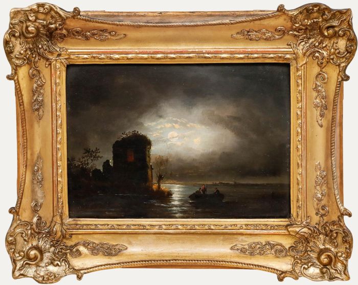 Framed 19th Century Oil - Crossing Under Moonlight