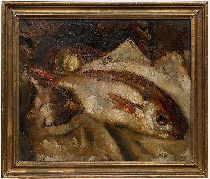 Paul Hannaux - Framed Mid 20th Century Oil, Still Life with Fish & Garlic Cloves